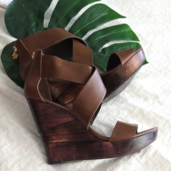 Diane Von Furstenberg Brown Leather Wedge Sandals Eclectic Minimalist - Picture 1 of 12